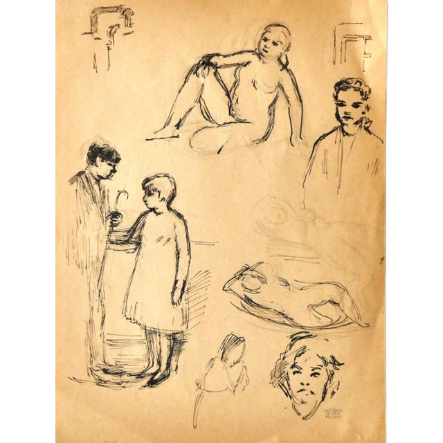 Jacques Hirtz, Figures, Pen Drawing, Mid-20th Century For Sale