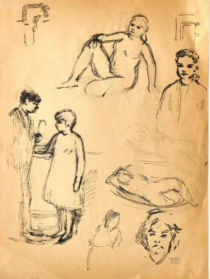 Jacques Hirtz, Figures, Pen Drawing, Mid-20th Century