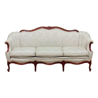 Vintage French Provincial Louis XV Style Sofa / Loveseat Settee by Fogle Furniture Co. – Carved Hardwood Frame & Damask Upholstery For Sale