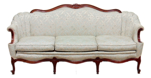 Vintage French Provincial Louis XV Style Sofa / Loveseat Settee by Fogle Furniture Co. – Carved Hardwood Frame & Damask Upholstery
