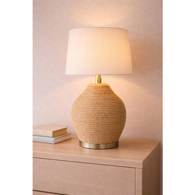 Mid 20th Century Mid 20th Century Coastal Rope Wrapped Table Lamp With Linen Shade – Organic Modern Texture For Sale - Image 5 of 10