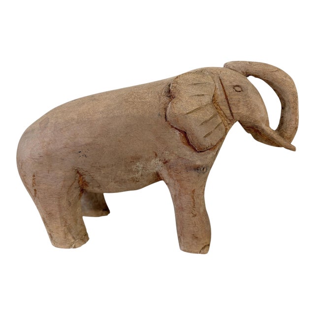 Vintage Hand Carved Wood Elephant With Tusks For Sale