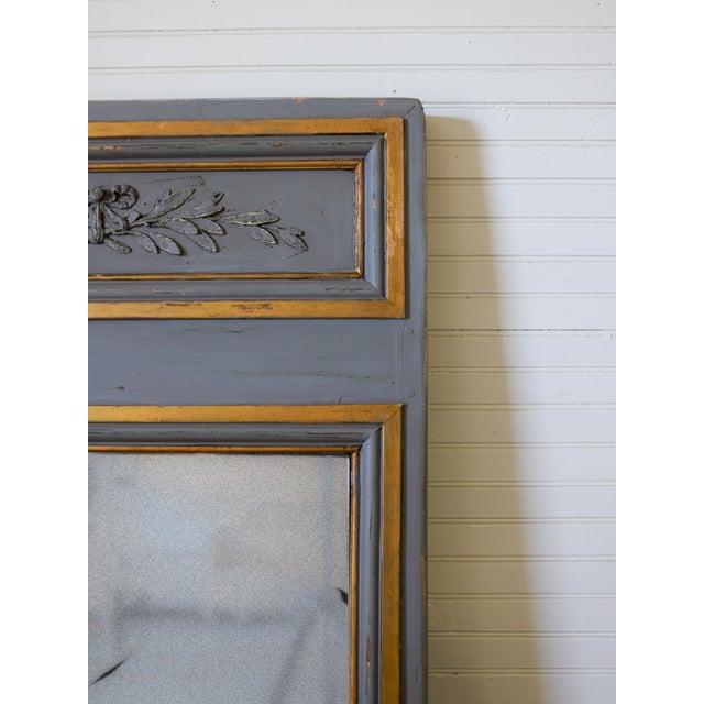 Wood Antique Trumeau Style Gray Painted Wall Mirror With Gold Leaf For Sale - Image 7 of 12