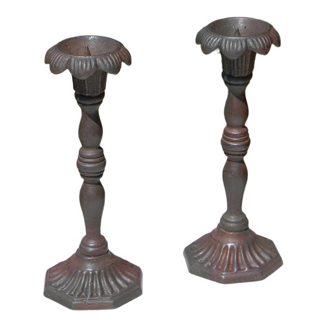 Antique Victorian Cast Iron Floral Candleholders - a Pair For Sale