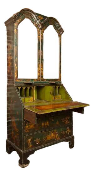 A George I Green Japanned and Parcel Gilt Lacquer Bureau Cabinet With Chinoiserie Decoration, 18th C.