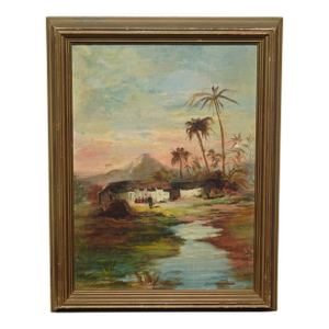 17"h Vintage Oil Board Painting Picture W White House, Rolling Brook, Palm Trees