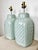 Vintage pair of lamps refinished in Farrow & Ball's high gloss "Green Blue". Chinese chippendale/brick tile patterned...