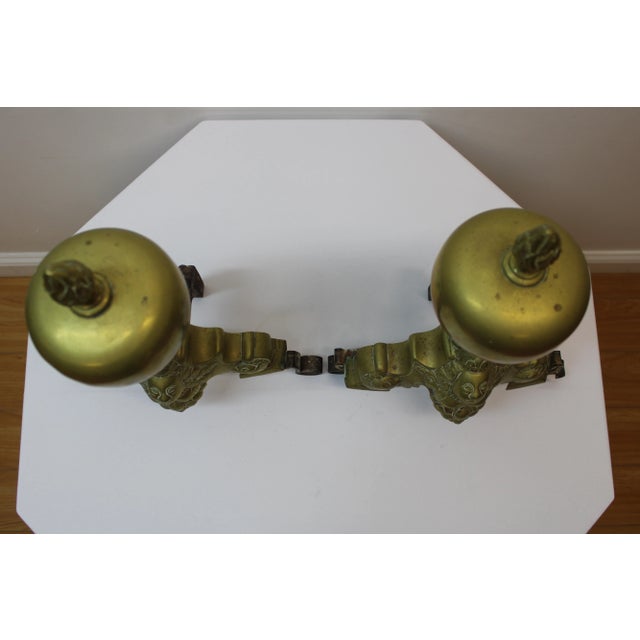 Mid-Century Modern European Engraved Brass Andirons For Sale - Image 3 of 7