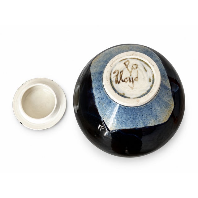 Ceramic 1980s Signed Studio Pottery Covered Jar With Brown, Blue & Cream Glaze For Sale - Image 7 of 9