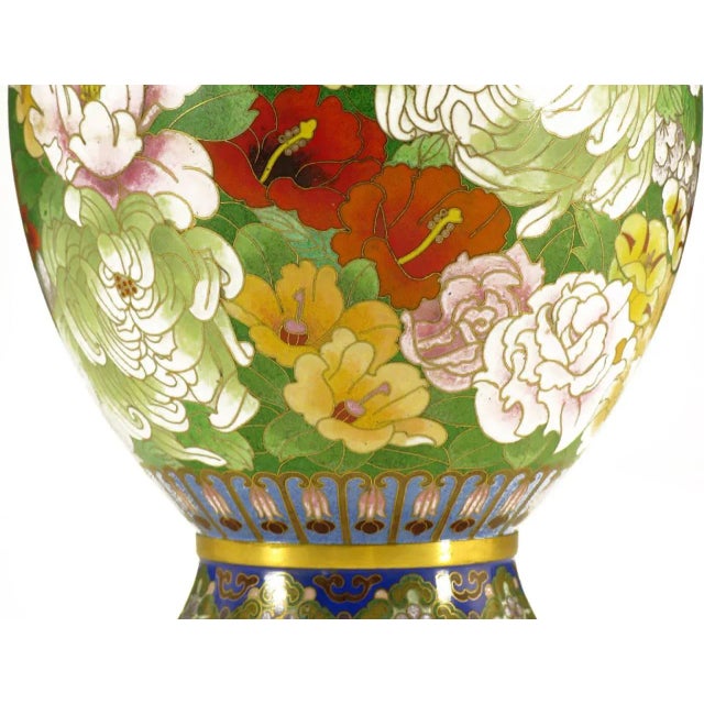 1970s Colorful Chinese Jingfa Cloisonné Vases With Carved Mahogany Bases - a Pair For Sale - Image 5 of 11