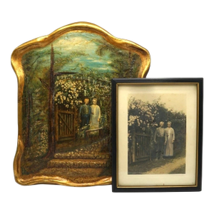 Folk Art Painting & Original Photo Pair – Morgantown Wv Couple at Garden Gate – c.1910s Appalachian Americana
