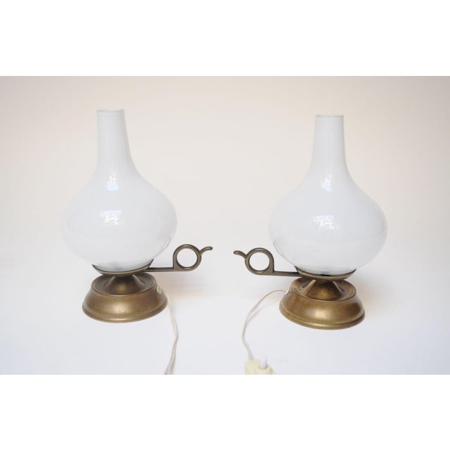 Mid-Century Modern Pair of Petite Vintage Italian Chamberstick Glass and Brass Bedside Lamps For Sale - Image 3 of 12