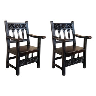 19th Century Spanish Colonial Altar Carved Armchairs with Wood Seat For Sale