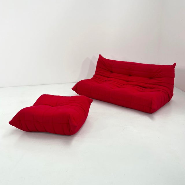 Red Set of Red 3-Seater Togo Sofa & Ottoman by Michel Ducaroy for Ligne Roset, 1970s For Sale - Image 8 of 17