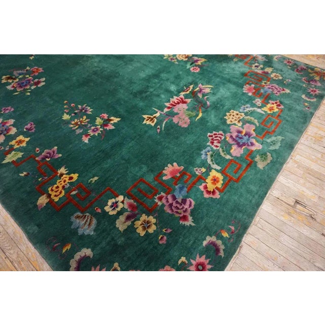 Art Deco 1920s Green Flowers Modern Antique Chinese Art Deco Carpet 8'9" X 11'6" Knotted Pile Wool Rug For Sale - Image 3 of 9