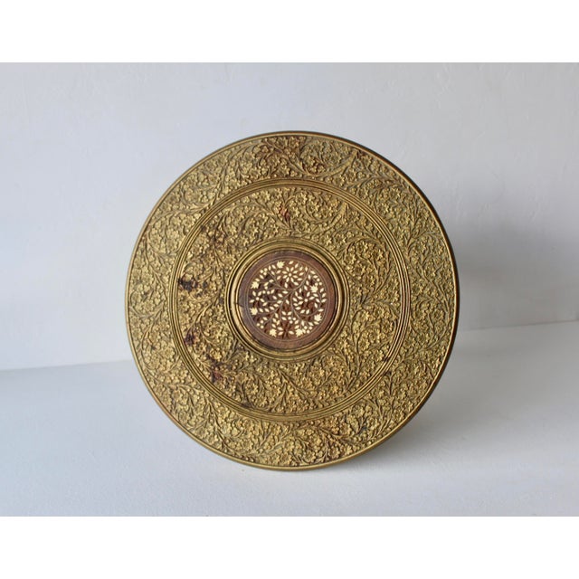 Wood 1970s Circular Anglo-Indian Brass Finish Wood Side Table For Sale - Image 7 of 11
