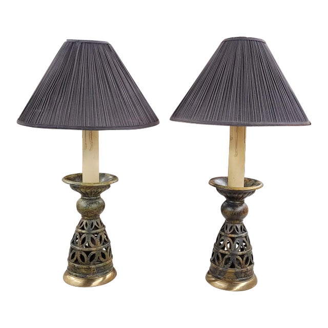 Anglo-Japanese Carved Large Ceramic and Brass Candle Stands Table Lamps, a Pair For Sale