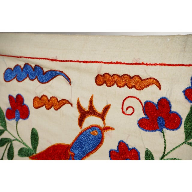 Textile Floral Suzani Embroidery - Handmade Bird Table Runner and Wall Art 1'5'' X 3'1'' For Sale - Image 7 of 10