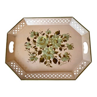 Vintage La Verne Hand Painted Lattice Edge Florentine Pink Floral Tray For Sale
