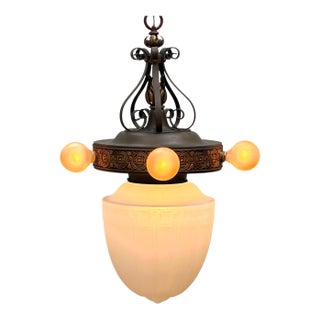 1920s Pendant With Acorn Shaped Shade and Four Bare Bulbs and Original Paint Finish For Sale