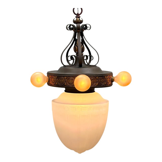 1920s Pendant With Acorn Shaped Shade and Four Bare Bulbs and Original Paint Finish For Sale