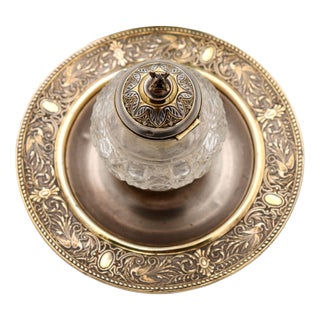Cut Glass Inkwell with Silver Lid and Knob For Sale