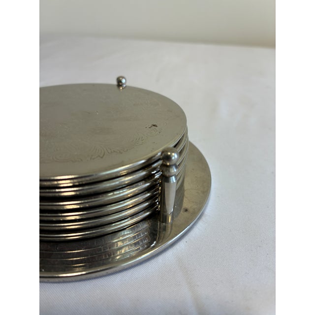Mid-Century Modern Vintage Silver Engraved Coaster Set – Set of 6 Coasters With Holder For Sale - Image 3 of 13