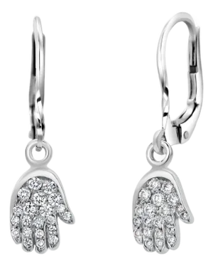 14k White Gold Diamond Hamsa Lever Back Earrings Symbolic Timeless Protection, A Pair