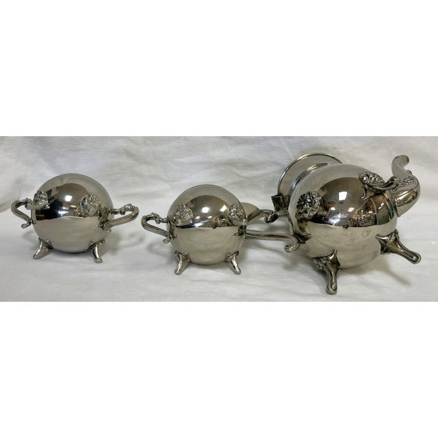Metal Vintage 3-Piece Tea Service, Silverplate With Floral Details For Sale - Image 7 of 13
