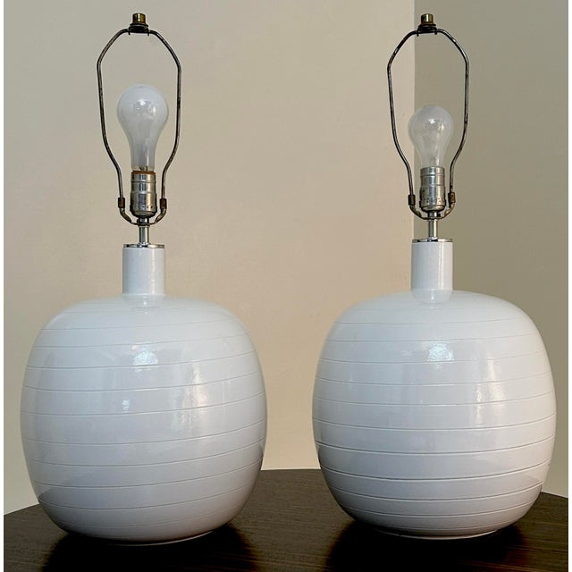 White Large Pair of 1970s Ceramic Table Lamps For Sale - Image 8 of 9