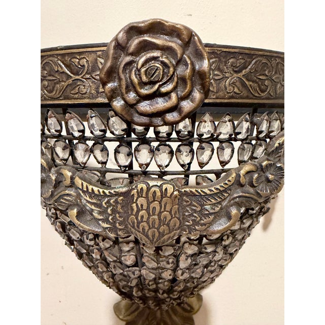 Pair Brass, Steel And Crystal Sconces with single medium base socket in each. Overall good condition, Ready to hang and...