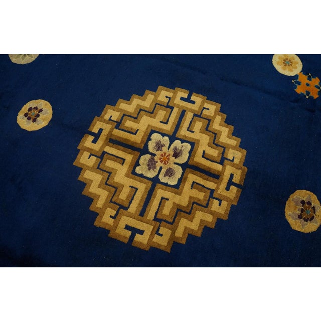 Art Deco 1920s Navy Blue Medallion Greek Key Antique Chinese Art Deco Knotted Rug For Sale - Image 3 of 9
