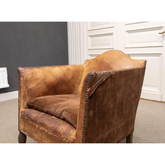 Animal Skin French Sheep Leather and Velvet Lounge Chair in the style of Louis Chambry, 1920s For Sale - Image 7 of 12