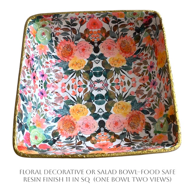 Floral Vibrant Decorative or Serving Bowl - Food Safe Resin Finish 11 in Sq For Sale - Image 4 of 4