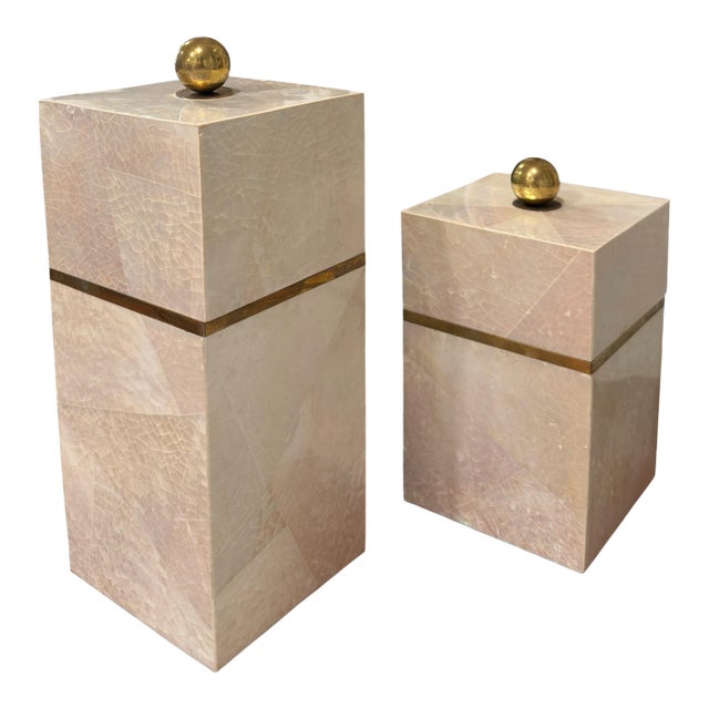 Pair of Maitland Smith Brass and Tesselated Shell Boxes For Sale