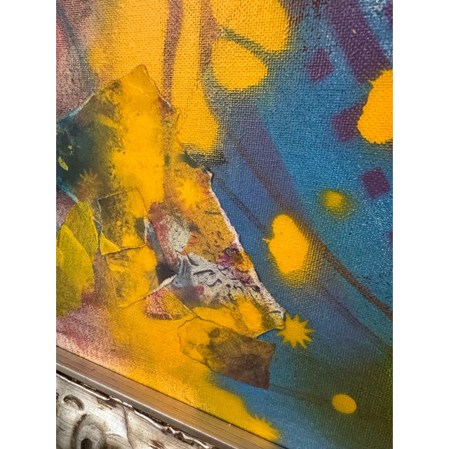 Large Vibrant Abstract Mixed Media Painting on Canvas Ornate Silver Frame Statement Art For Sale - Image 9 of 12