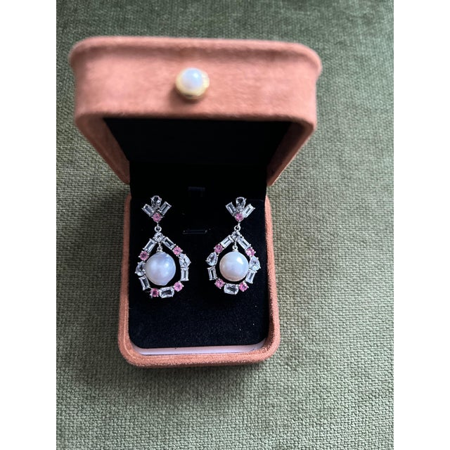 Bochic "Orient" Vintage Pink Sapphire & White Pearls Earrings Set 18K Gold & Silver Natural Pink Sapphire - 4 carat...