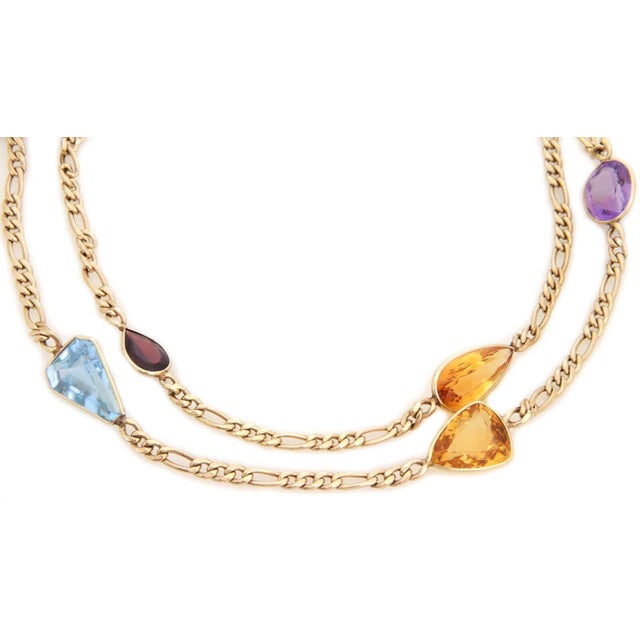 Contemporary Multicolor Necklace Gem Motif 14k Yellow Gold Figaro Link 36" For Sale - Image 3 of 3