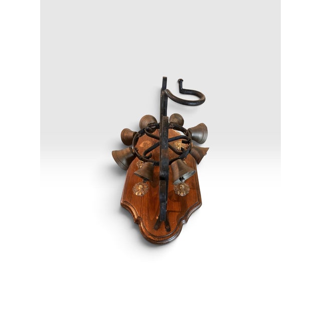 Vintage Wrought Iron & Brass 8-Bell Mechanical Door Bell on Wood Plaque For Sale - Image 4 of 11