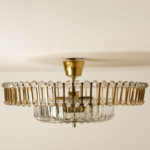 Metal Large Brass and Crystal Flush Mount by Ernst Palme, Germany, 1970s For Sale - Image 7 of 16