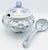 "Italy" Blue and White Porcelain Tureen w/Lid, Stand, and Ladle has squash for handle on lid