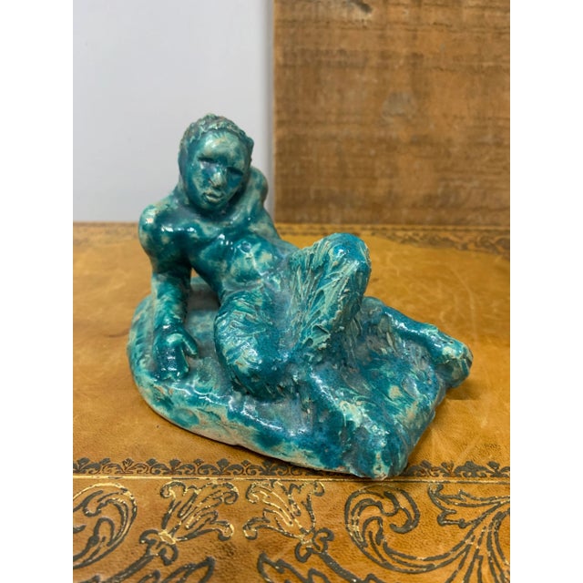Figurative Pair of Signed 1932 Ceramic Glazed Faun Sculptures For Sale - Image 3 of 12