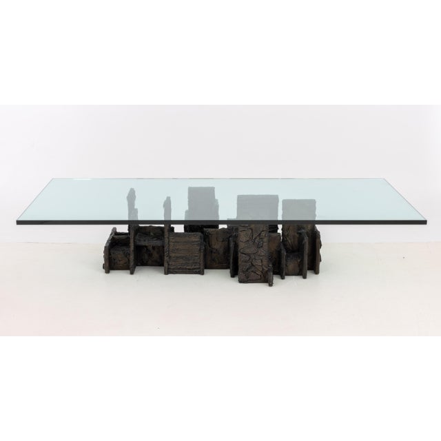 Paul Evans Skyline &nbsp;Bronze Resin Coffee Table, 1971, thick rectangular glass top above bronzed resin over wood base,...