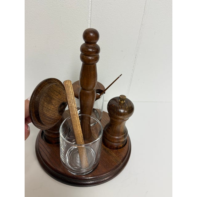 Vintage Mid-Century Wood & Glass Condiment Caddy Salt & Pepper Mill Set For Sale - Image 10 of 12