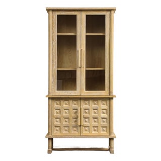 Art Deco Style Natural Oak Cabinet With Coffered Panels and Glass Doors For Sale