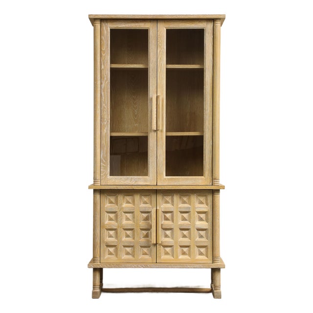 Art Deco Style Natural Oak Cabinet With Coffered Panels and Glass Doors For Sale