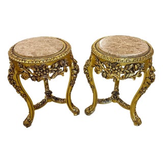 French-Style Gilded Side Table Set of 2 – Beige Marble Top With Gold Leaf Floral Details For Sale