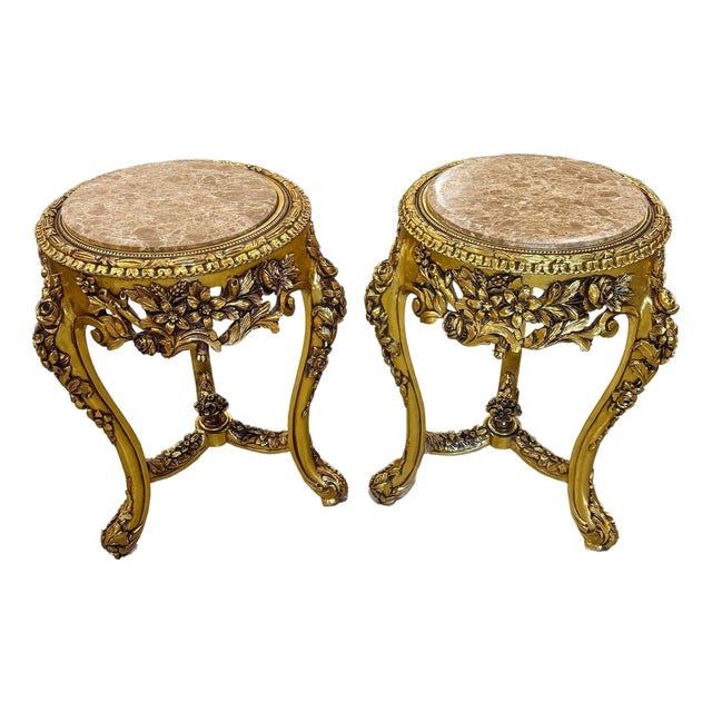 French-Style Gilded Side Table Set of 2 – Beige Marble Top With Gold Leaf Floral Details For Sale