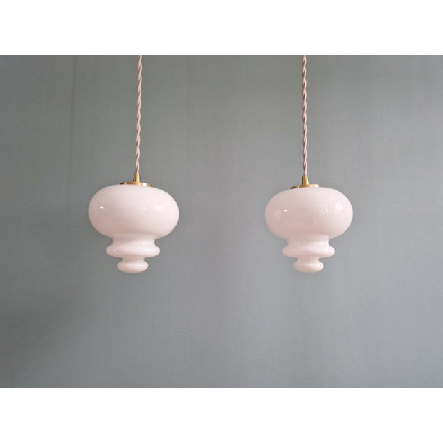 Gold Scandinavian Pendant Lights in White Opaline Glass, 1960, Set of 3 For Sale - Image 8 of 18