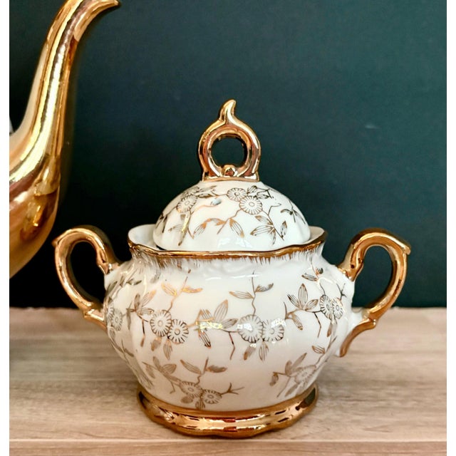 1960s Vintage Porcelain Teapot Set: Gold Floral Design, 1960s. - Set of 2 For Sale - Image 5 of 9